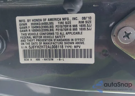 2010 Honda Element Ex z USA, uszkodzony, nr VIN 5J6YH2H72AL008118